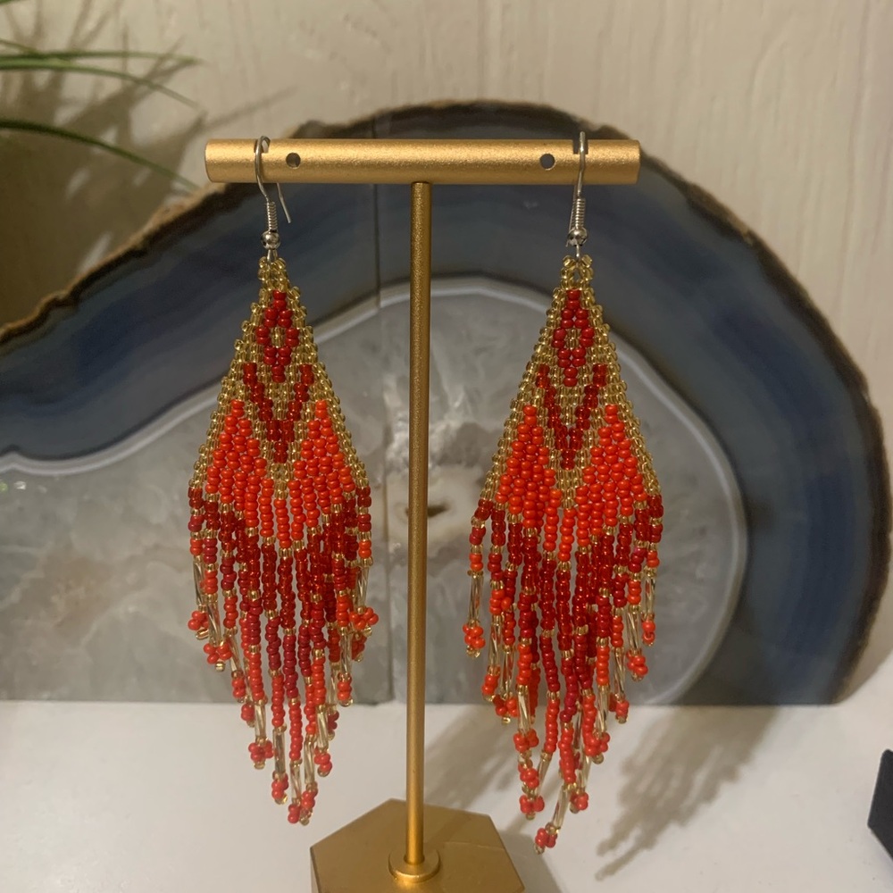 Beaded Red and Gold Dangle Earrings